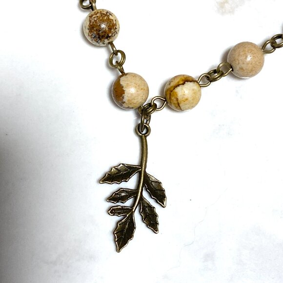 Genuine Yellow Picture Jasper Short Necklace, Bronze Leaf Branch Charm +Gemstone - Picture 4 of 15
